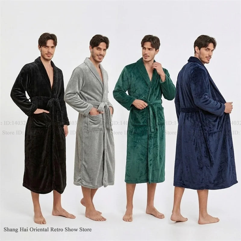 Thicken Flannel Men's Robe Kimono Gown Autumn Winter New Sleepwear Home Clothes Green Loose Coral Fleece Loungewear Bathrobe