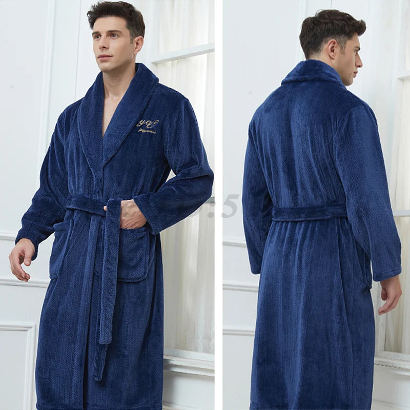 Autumn Winter Flannel Long Robe Couple Thicked Warm Sleepwear Men Casual Bathrobe Gown Plus Size Nightgown Women Loose Home Wear