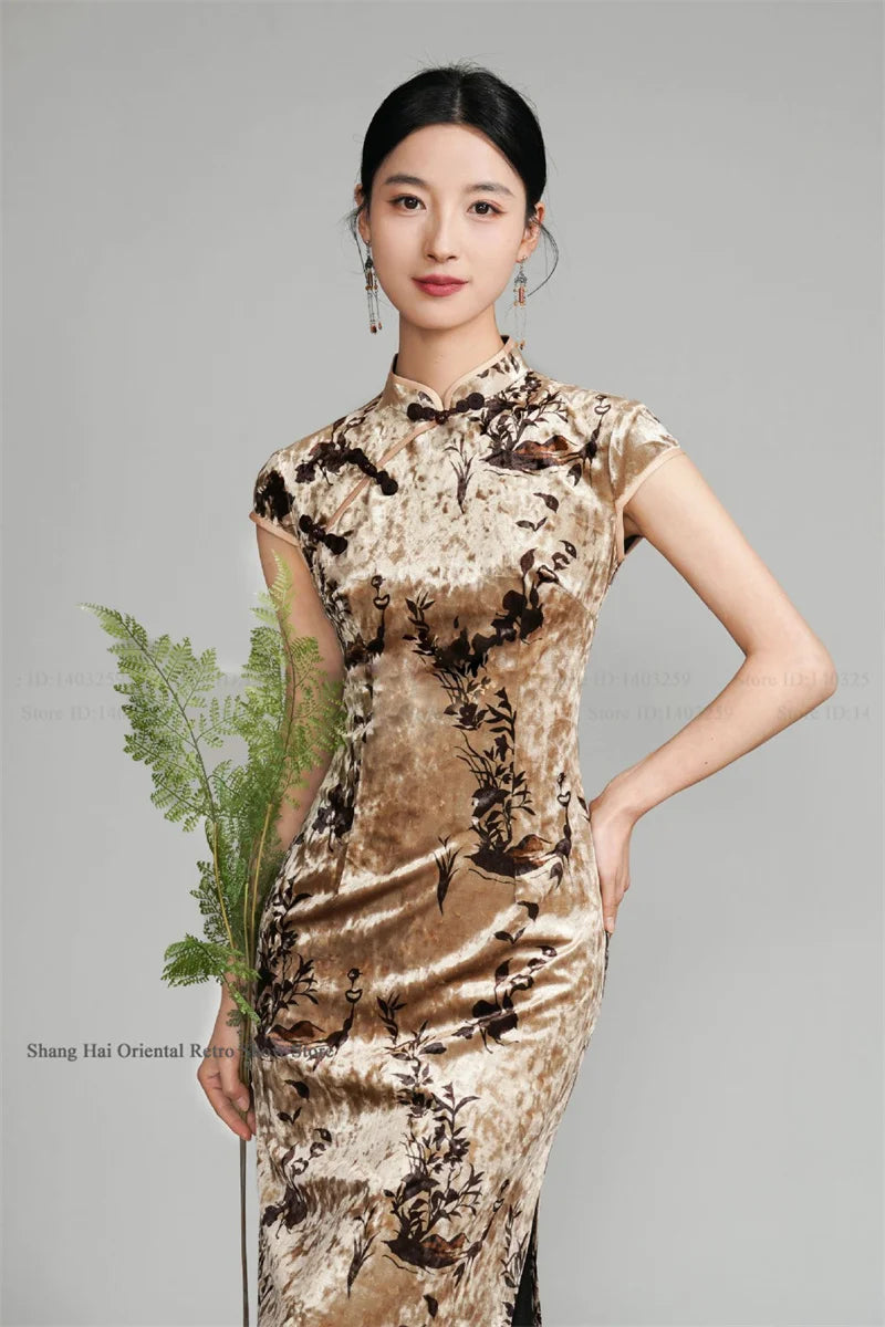 Oversize Velour Chinese Cheongsam Sexy Sleeveless Split Chinese Dress Traditional Costume Vintage Classic Mandarin Collar Qipao