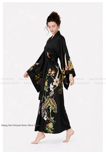 Print Flower Female Long Robe Big Sleeve Kimono Bathrobe Gown Spring Summer Silk Satin Sleepwear Night Dress Loose Homewear