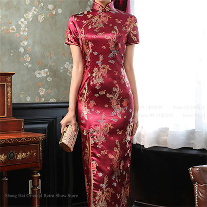 Oversize Chinese Style Dress Vintage Women's Long Qipao Dragon Phoenix Jacquard Satin Cheongsam Hanfu Sexy Slim Brocade Vestidos