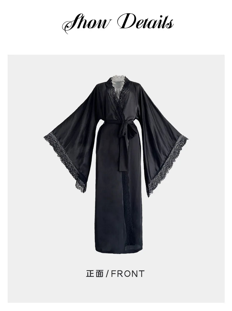 Sexy Lace Kimono Bathrobe Gown Ice Silk Women Long Robe Dress Nightgown Spring New Sleepwear Nightwear Loose Homewear Loungewear
