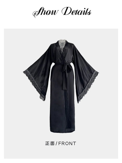 Sexy Lace Kimono Bathrobe Gown Ice Silk Women Long Robe Dress Nightgown Spring New Sleepwear Nightwear Loose Homewear Loungewear