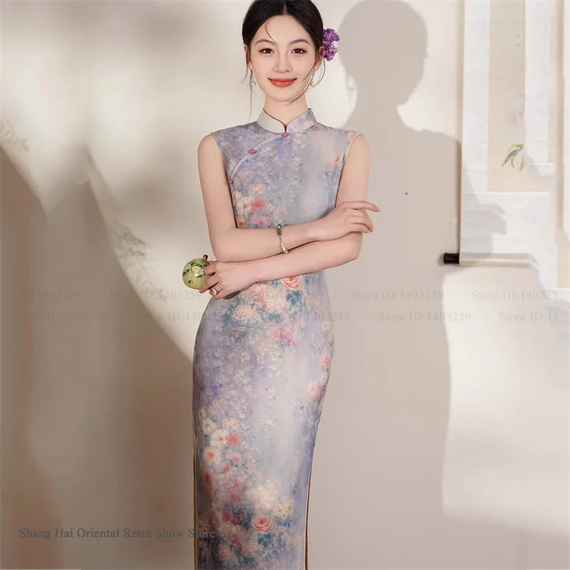 New Chinese Style Satin Cheongsam Traditional Clothing Retro Elegant Print Floral Women Long Qipao Chinese Dress Sexy Vestidos