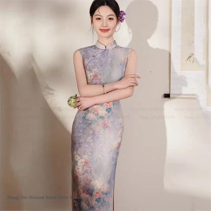 New Chinese Style Satin Cheongsam Traditional Clothing Retro Elegant Print Floral Women Long Qipao Chinese Dress Sexy Vestidos
