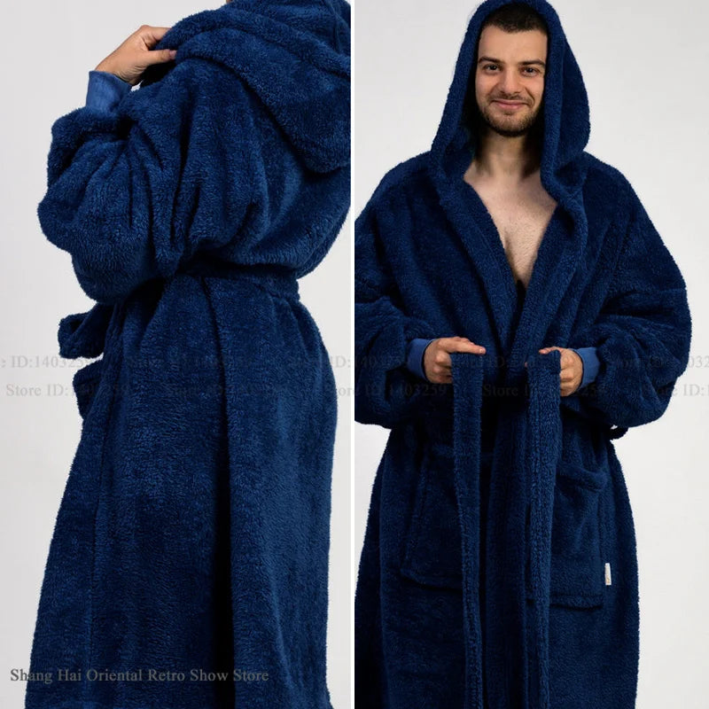 Thicken Coral Fleece Mens Hooded Long Robe Sleepwear Autumn Winter New Nightwear Homewear Loose Casual Flannel Loungewear Pajama