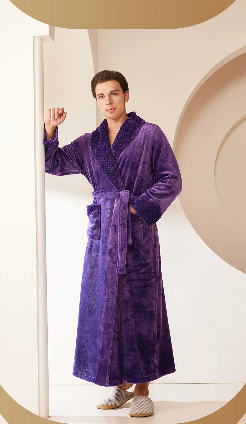 Autumn Winter Coral Fleece Sleepwear Thicken Warm Flannel Couple's Long Robe Men's Kimono Bathrobe Gown Home Clothes Lounge Wear