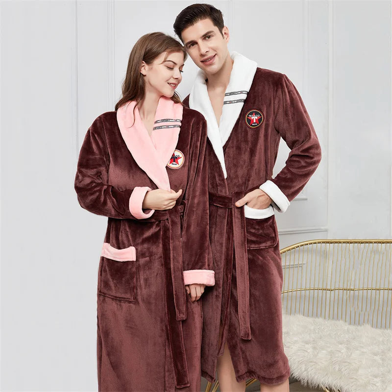Plus Size 3XL 4XL Couple Flannel Robe Kimono Bathrobe Gown Thickened Coral Fleece Sleepwear Female Long Nightgown Loose Homewear