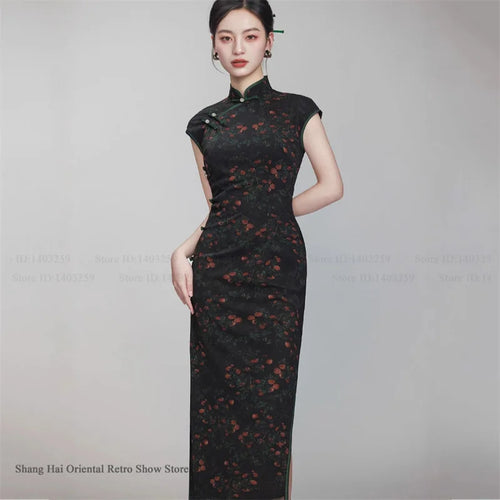 Female Print Flower Long Cheongsam Chinese Dress Elegant Vintage Mandarin Collar Qipao Hanfu Dress New Year Festival Party Wear