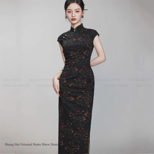 Female Print Flower Long Cheongsam Chinese Dress Elegant Vintage Mandarin Collar Qipao Hanfu Dress New Year Festival Party Wear