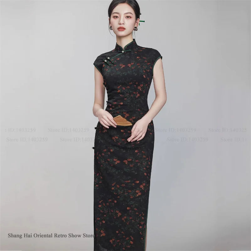 Female Print Flower Long Cheongsam Chinese Dress Elegant Vintage Mandarin Collar Qipao Hanfu Dress New Year Festival Party Wear