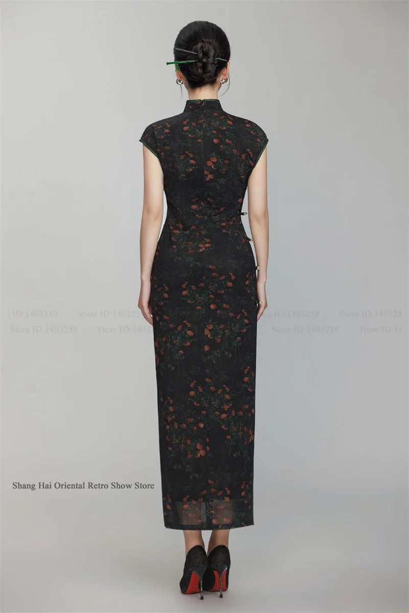Female Print Flower Long Cheongsam Chinese Dress Elegant Vintage Mandarin Collar Qipao Hanfu Dress New Year Festival Party Wear