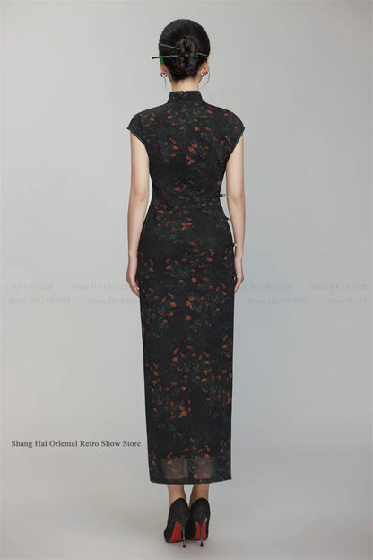 Female Print Flower Long Cheongsam Chinese Dress Elegant Vintage Mandarin Collar Qipao Hanfu Dress New Year Festival Party Wear