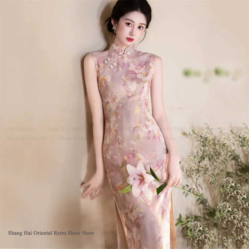 New Chinese Style Satin Cheongsam Traditional Clothing Retro Elegant Print Floral Women Long Qipao Chinese Dress Sexy Vestidos
