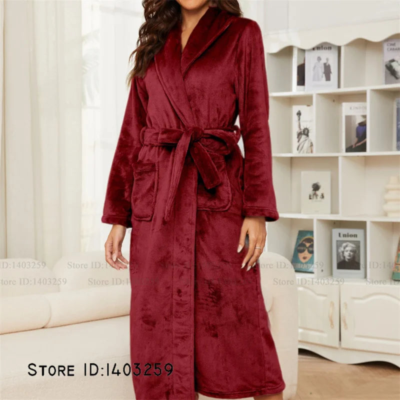 Thicken Warm Women's Long Robe Homewear Comfortable Soft Flannel Kimono Bathrobe Gown Sleepwear Winter Coral Fleece Nightwear