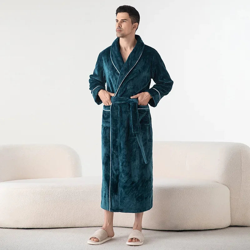 Autumn Winter Women's Sleepwear Thicken Flannel Couple Long Robe Kimono Bathrobe Gown Loungewear Loose Coral Fleece Home Wear