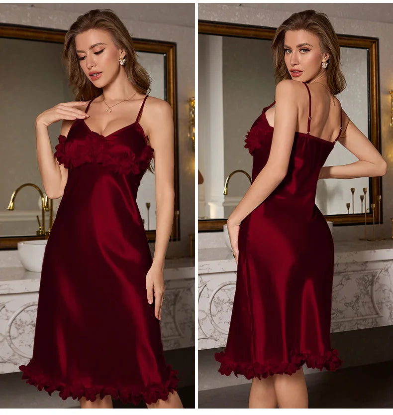 Female Chemise Nightgown Sleepwear Sexy Lace Spaghetti Strap Nightdress Intimate Lingerie Summer New Satin Home Dressing Gown