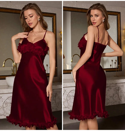 Female Chemise Nightgown Sleepwear Sexy Lace Spaghetti Strap Nightdress Intimate Lingerie Summer New Satin Home Dressing Gown
