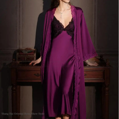 Sexy Female Long Robe Nightgown Set Kimono Bathrobe Gown Patchwork Lace Suspender Night Dress Sleepwear Loose Satin Homewear