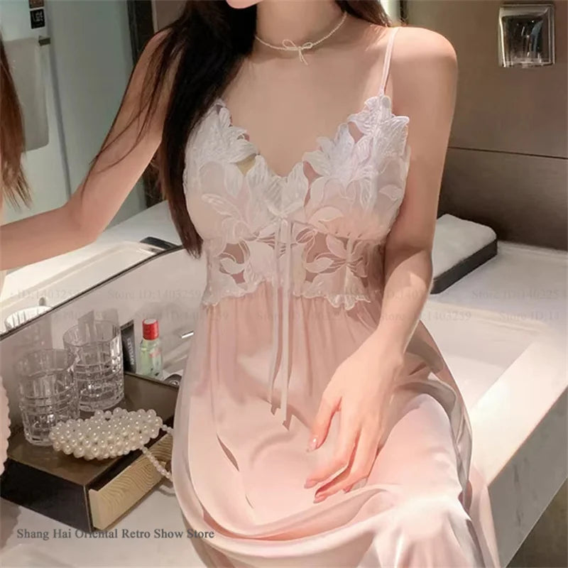 Elegant Female Long Robe Set Nightgown Silky Ice Silk Sleepwear Homewear SEXY Hollow Out Lace Nightdress Lingerie Loungewear