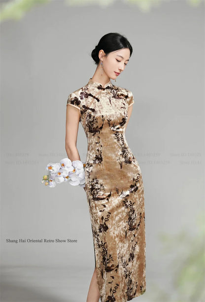 Oversize Velour Chinese Cheongsam Sexy Sleeveless Split Chinese Dress Traditional Costume Vintage Classic Mandarin Collar Qipao