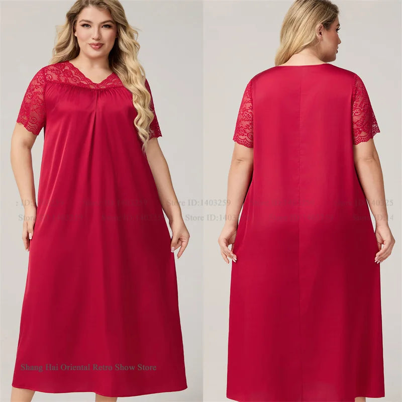 Large Size 3XL 4XL 5XL Long Nightgown Spring Summer New Female Sleepwear Loungewear Sexy Frill Lace Nightdress Ice Silk Homewear