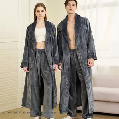 Autumn Winter Couple Sleepwear Home Clothing Thicken Flannel Long Robe Pajama Set Kimono Gown Bathrobe Coral Fleece Loingewear