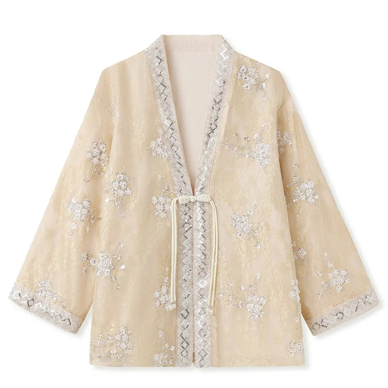 Chinese Style Tang Clothes Qipao Tops Sequin Embroidery Hanfu Cardigan Vintage V-Neck Women Jacket Elegant Spring Summer Outwear