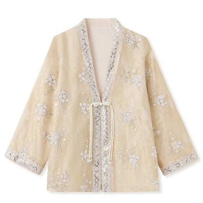 Chinese Style Tang Clothes Qipao Tops Sequin Embroidery Hanfu Cardigan Vintage V-Neck Women Jacket Elegant Spring Summer Outwear