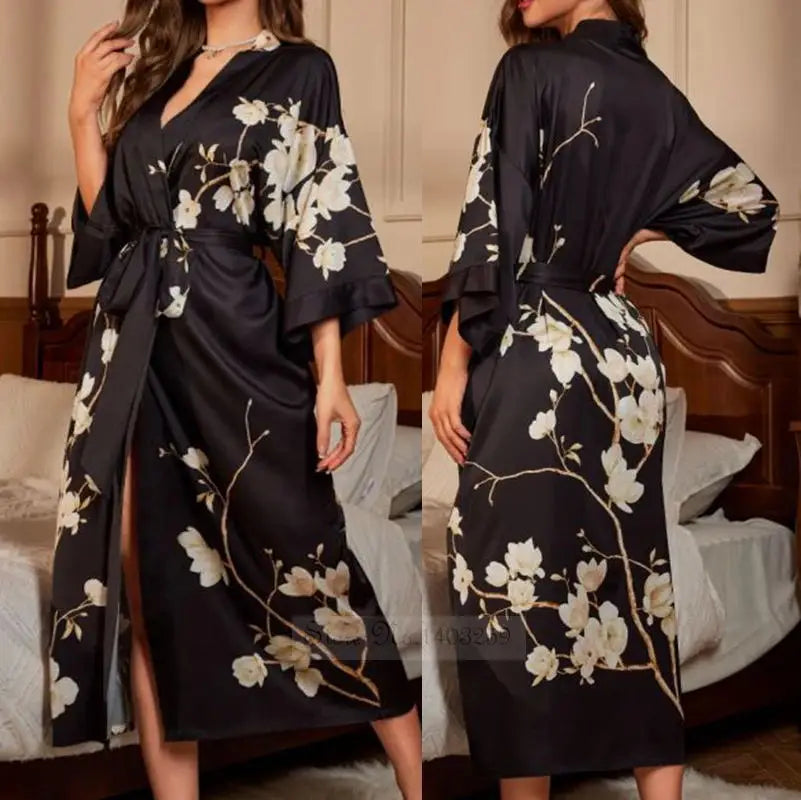 Female Long Robe Chinese Style Print Flower Sleepwear Nightgown Half Sleeve Kimono Bathrobe Gown Loose Casual Satin Home Wear