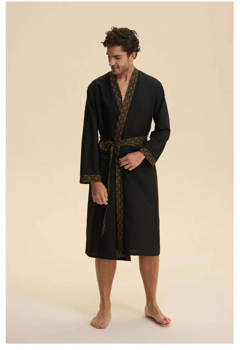 Baroque Style Men's Long Robe Set Pajamas Silky Satin Print Kimono Gown Bathrobe Shorts Pijamas Suit Loose Homewear Lounge Wear