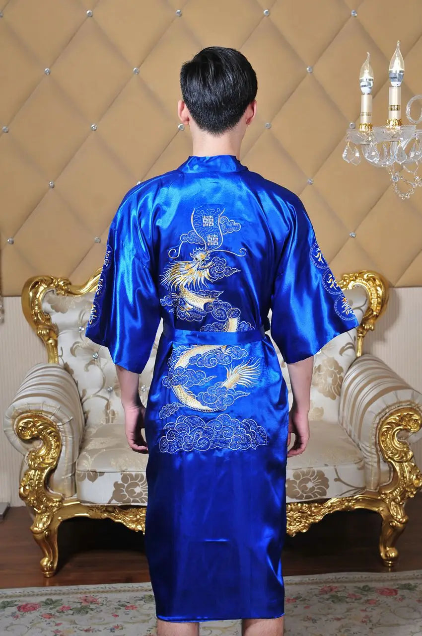 Embroider Dragon Kimono Bathrobe Gown Chinese Style Robe Classical Man Homewear Long Satin Nightgown Loose Sleepwear Loungewear