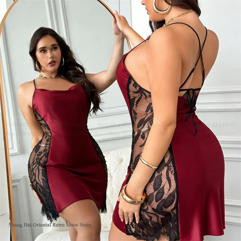 Large Size 3XL 4XL 5XL Womens Nightgown Chemise Sleepwear Sexy Hollow Out Lace Nightdress Lingerie Loose Satin Homewear Nightie