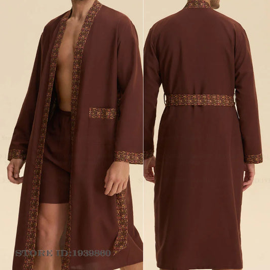 Baroque Style Men's Long Robe Set Pajamas Silky Satin Print Kimono Gown Bathrobe Shorts Pijamas Suit Loose Homewear Lounge Wear
