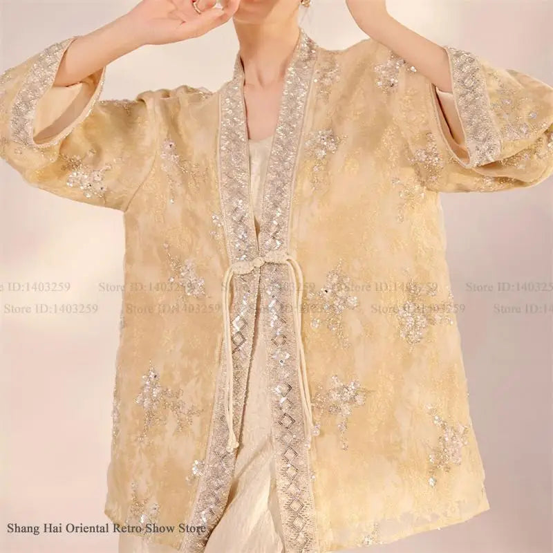 Chinese Style Tang Clothes Qipao Tops Sequin Embroidery Hanfu Cardigan Vintage V-Neck Women Jacket Elegant Spring Summer Outwear