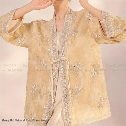 Chinese Style Tang Clothes Qipao Tops Sequin Embroidery Hanfu Cardigan Vintage V-Neck Women Jacket Elegant Spring Summer Outwear