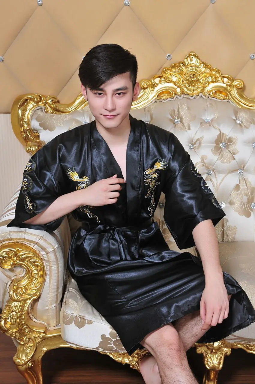 Embroider Dragon Kimono Bathrobe Gown Chinese Style Robe Classical Man Homewear Long Satin Nightgown Loose Sleepwear Loungewear
