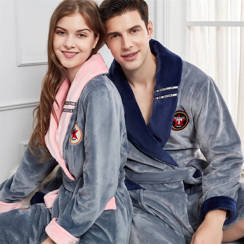 Plus Size 3XL 4XL Couple Flannel Robe Kimono Bathrobe Gown Thickened Coral Fleece Sleepwear Female Long Nightgown Loose Homewear