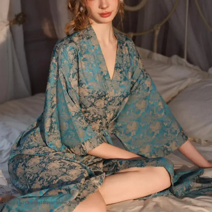 Luxury Jacquard Long Robe Nightgown Women Half Sleeve Kimono Bathrobe Gown Satin Ice Silk Sleepwear Sexy Home Dress Lounge Wear