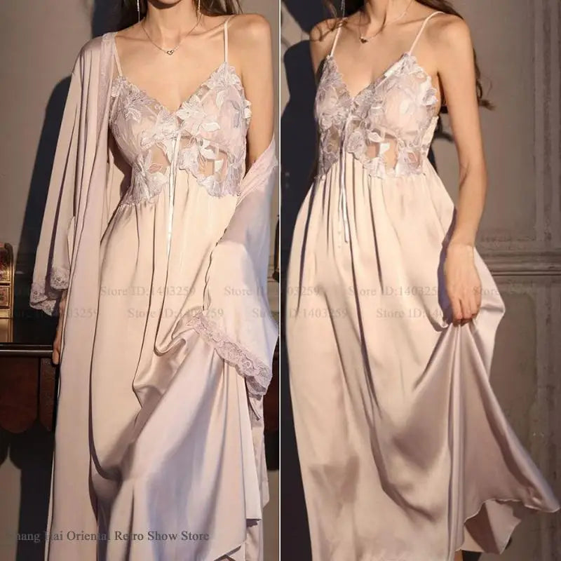 Elegant Female Long Robe Set Nightgown Silky Ice Silk Sleepwear Homewear SEXY Hollow Out Lace Nightdress Lingerie Loungewear