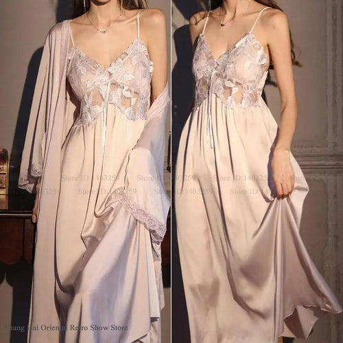 Elegant Female Long Robe Set Nightgown Silky Ice Silk Sleepwear Homewear SEXY Hollow Out Lace Nightdress Lingerie Loungewear