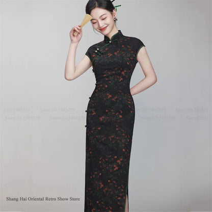 Female Print Flower Long Cheongsam Chinese Dress Elegant Vintage Mandarin Collar Qipao Hanfu Dress New Year Festival Party Wear