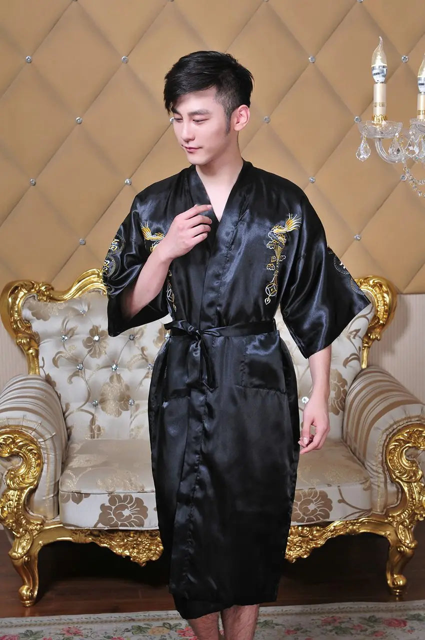 Embroider Dragon Kimono Bathrobe Gown Chinese Style Robe Classical Man Homewear Long Satin Nightgown Loose Sleepwear Loungewear