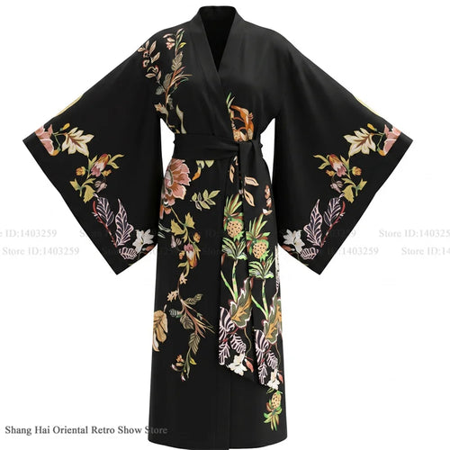 Print Flower Female Long Robe Big Sleeve Kimono Bathrobe Gown Spring Summer Silk Satin Sleepwear Night Dress Loose Homewear