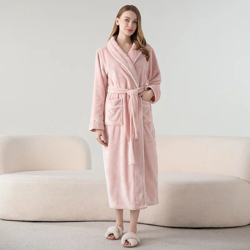 Autumn Winter Women's Sleepwear Thicken Flannel Couple Long Robe Kimono Bathrobe Gown Loungewear Loose Coral Fleece Home Wear