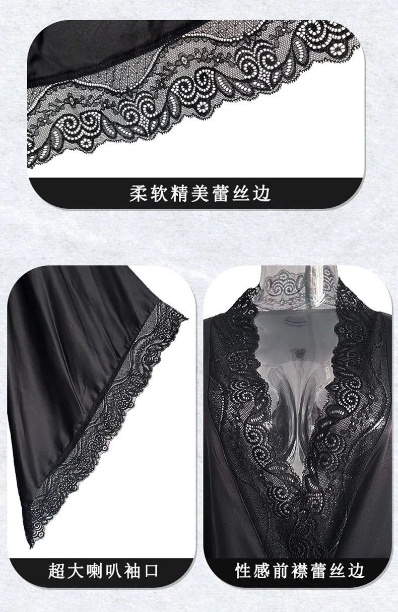 Sexy Lace Kimono Bathrobe Gown Ice Silk Women Long Robe Dress Nightgown Spring New Sleepwear Nightwear Loose Homewear Loungewear