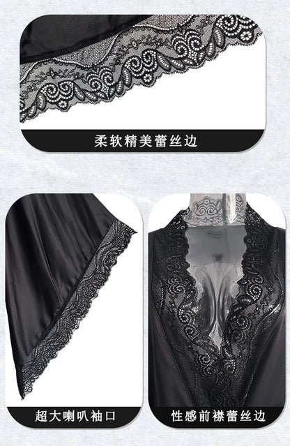 Sexy Lace Kimono Bathrobe Gown Ice Silk Women Long Robe Dress Nightgown Spring New Sleepwear Nightwear Loose Homewear Loungewear