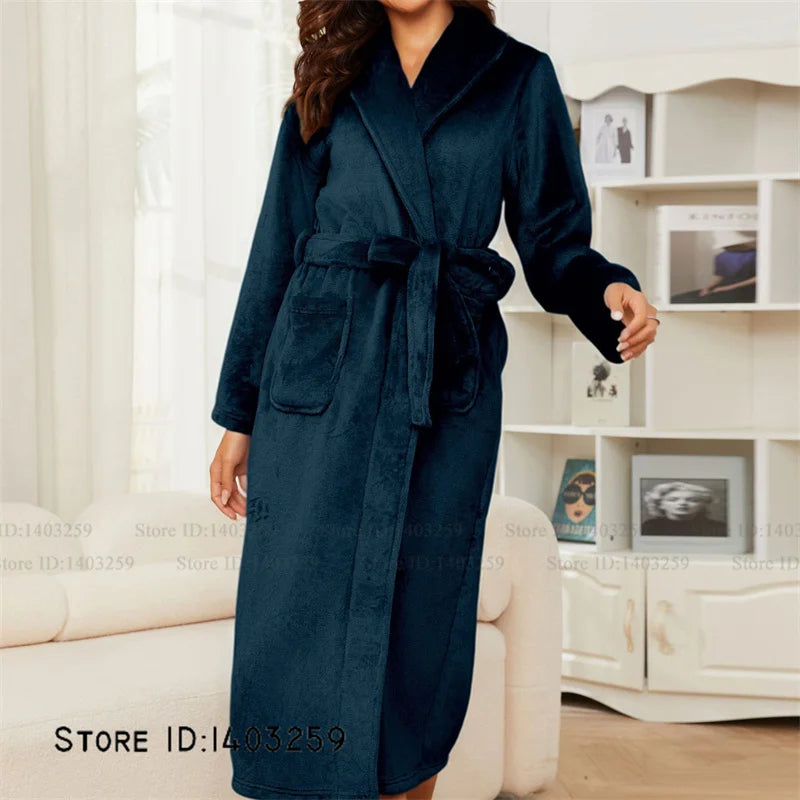 Thicken Warm Women's Long Robe Homewear Comfortable Soft Flannel Kimono Bathrobe Gown Sleepwear Winter Coral Fleece Nightwear
