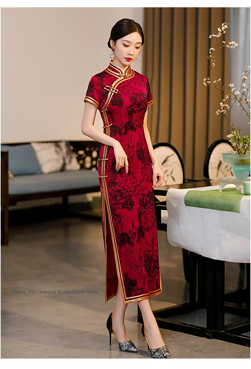 Traditional Chinese Long Cheongsam Plus Size Print Flower Chinese Dress Sexy Slim Split Qipao Novelty Party Evening Party Dress