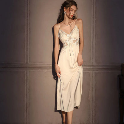 Elegant Female Long Robe Set Nightgown Silky Ice Silk Sleepwear Homewear SEXY Hollow Out Lace Nightdress Lingerie Loungewear